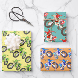 Fun Retro Motorrad grün, rot, blau dreckig Fahrräd Geschenkpapier Set