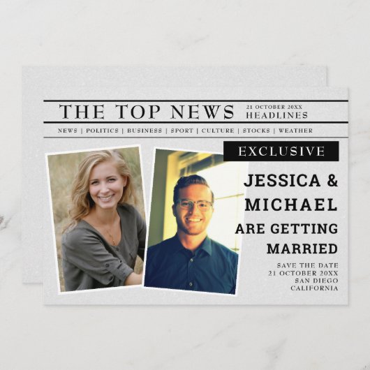 Fun Retro Newspaper Einzigartiges Foto für Schlagz Save The Date (Vorne/Hinten)