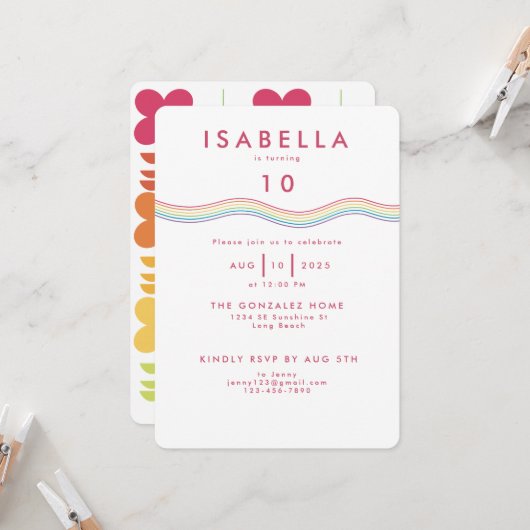 Fun Retro Rainbow Blume Geburtstag Einladung (Vorderseite/Rückseite Beispiel)