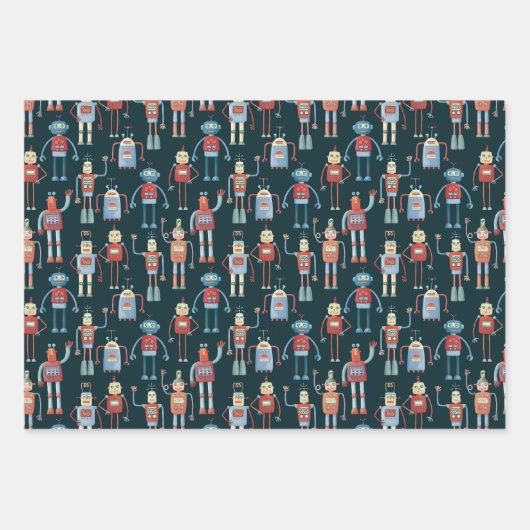 Fun Retro Roboter Niedlich dunkel Geschenkpapier Set (Vorderseite)