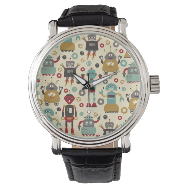 Fun Retro Robots Illustriertes Muster (Cream) Armbanduhr (Vorderseite)
