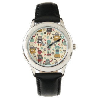 Fun Retro Robots Illustriertes Muster (Cream) Armbanduhr