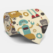 Fun Retro Robots Illustriertes Muster (Cream) Krawatte (Gerollt)