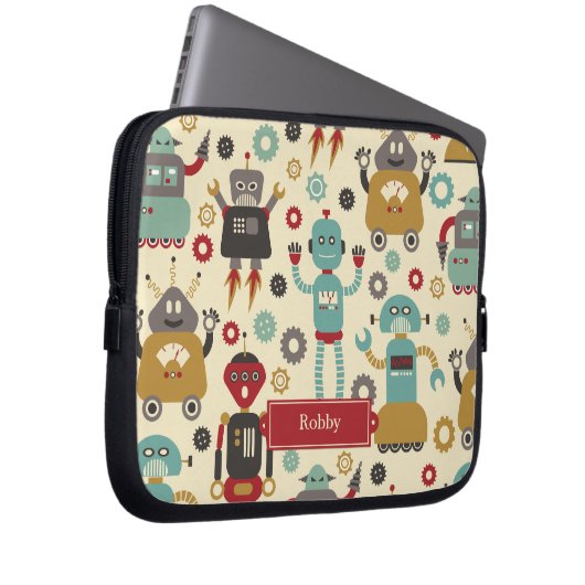 Fun Retro Robots Illustriertes Muster (Cream) Laptopschutzhülle (Vorne Rechts)
