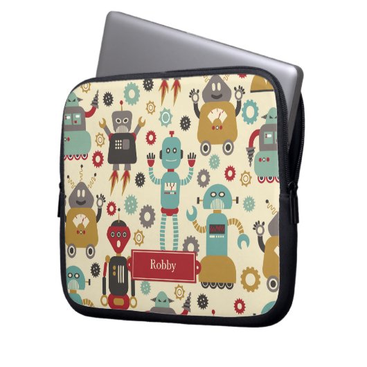 Fun Retro Robots Illustriertes Muster (Cream) Laptopschutzhülle (Vorderseite Links)