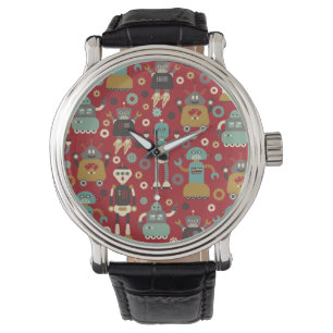 Fun Retro Robots Illustriertes Muster (rot) Armbanduhr