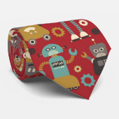 Fun Retro Robots Illustriertes Muster (rot) Krawatte (Gerollt)
