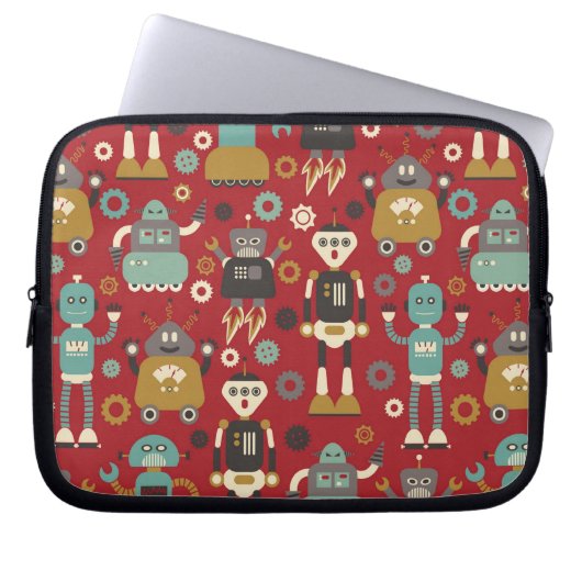Fun Retro Robots Illustriertes Muster (rot) Laptopschutzhülle (Vorderseite)