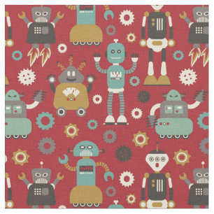 Fun Retro Robots Illustriertes Muster (rot) Stoff
