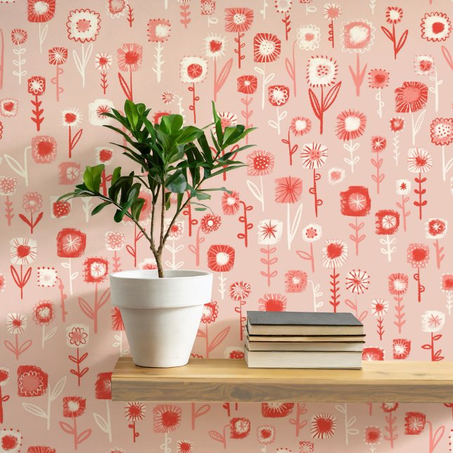 Fun Retro Rosa Blumenmuster Tapete (Retro pink floral ditsy fun peel and stick wallpaper)