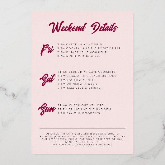 Fun Retro Rosa Palmen Bachelorette Wochenende Folieneinladung (Rückseite)