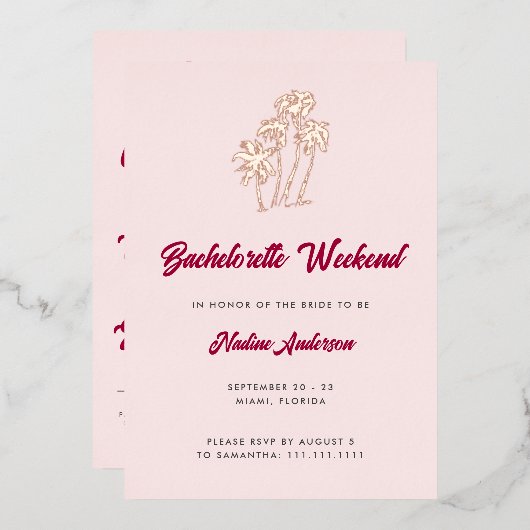 Fun Retro Rosa Palmen Bachelorette Wochenende Folieneinladung (Vorderseite/Rückseite)