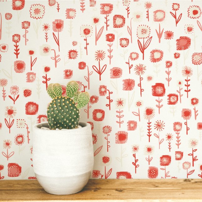Fun Retro rosa und weißes Blumenmuster Tapete (Retro groovy floral pink and white wildflower pattern peel and stick wallpaper)