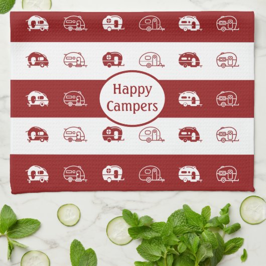 Fun Retro RV Happy Campers in Deep Red und White Geschirrtuch (Gefaltet)