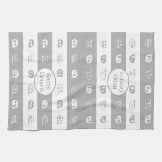 Fun Retro RV Happy Campers, Light Grau und Weiß Geschirrtuch (Horizontal)
