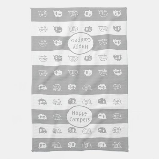 Fun Retro RV Happy Campers, Light Grau und Weiß Geschirrtuch (Vertikal)
