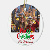 Fun Retro Script Merry Christmas Letterpress Photo Keramik Ornament (Links)