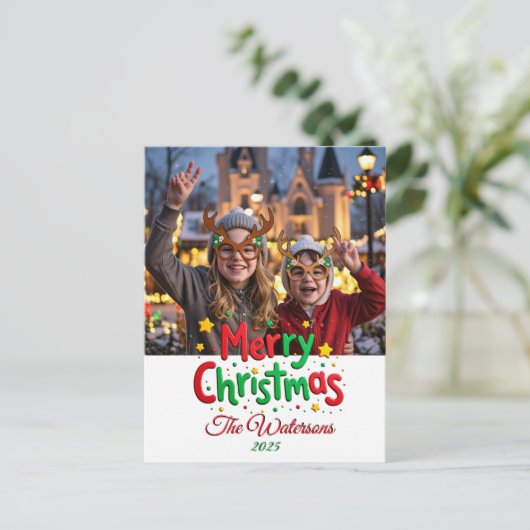 Fun Retro Script Merry Christmas Letterpress Photo Postkarte (Stehend Vorderseite)