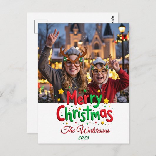 Fun Retro Script Merry Christmas Letterpress Photo Postkarte (Vorne/Hinten)