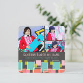 Fun Retro Squares 3 Fotocollage Graduation Party Einladung (Stehend Vorderseite)