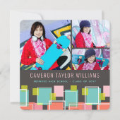 Fun Retro Squares 3 Fotocollage Graduation Party Einladung (Vorderseite)