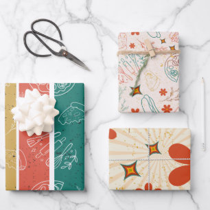 Fun Retro Strip floral Fast Food Muster Geschenkpapier Set