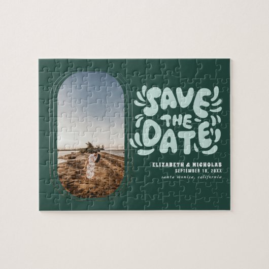 Fun Retro Typography Photo Wedding Save the Date Puzzle (Horizontal)