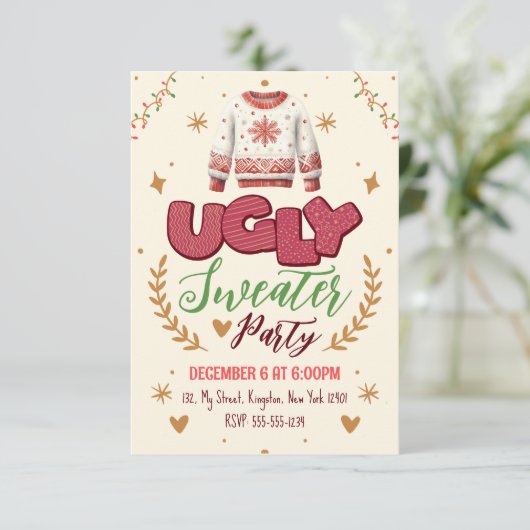 Fun Retro Ugly Sweater Weihnachts-Party Einladung (Stehend Vorderseite)