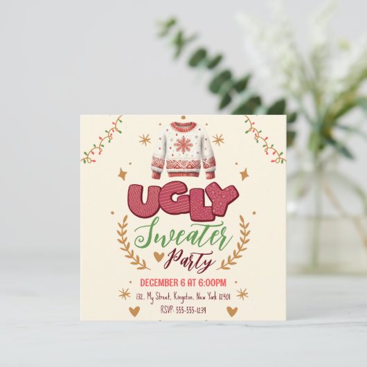 Fun Retro Ugly Sweater Weihnachts-Party Einladung (Stehend Vorderseite)