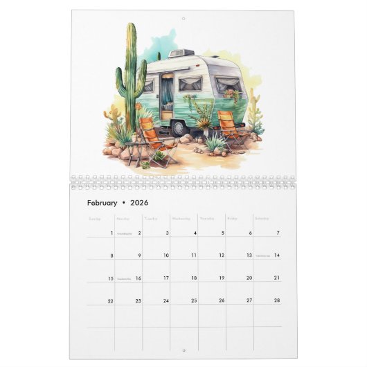 Fun Retro Wasserfarben Wohnwagen Kalender (Feb 2026)