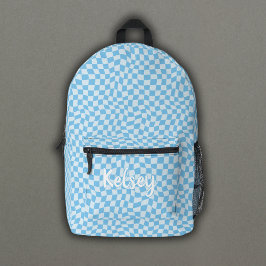 Fun Retro Wavy Karo Blue Monogram Name Bedruckter Rucksack