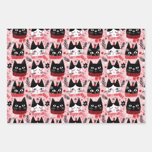 Fun Retro Weihnachtskatzen auf Rosa Geschenkpapier Set (Vorderseite 2)