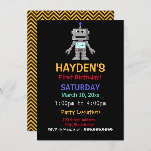 Fun Robot Einladung zum ersten Geburtstag (Vorne/Hinten)