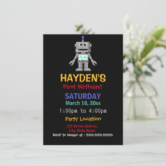 Fun Robot Einladung zum ersten Geburtstag (Stehend Vorderseite)