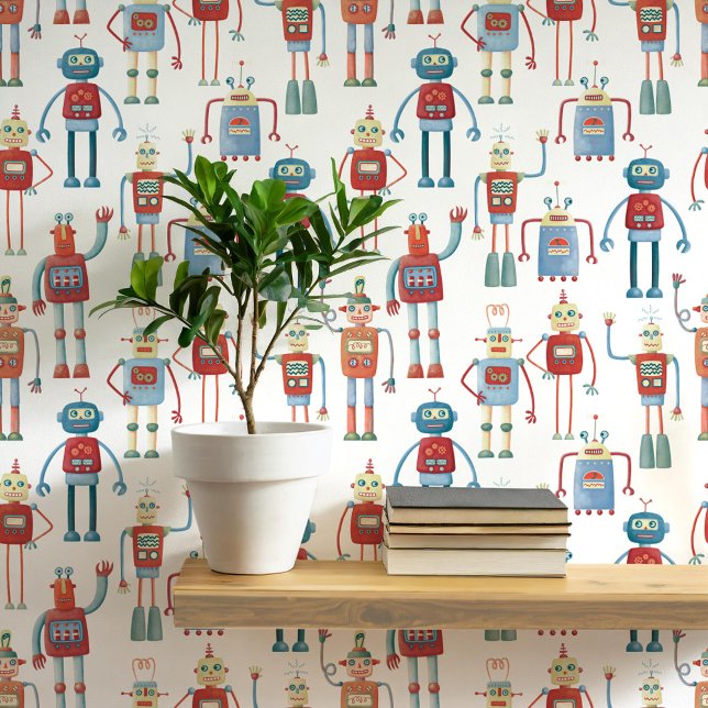 Fun Robot Pattern Tapete (Fun robot pattern wallpaper for nursery and kids room decor)
