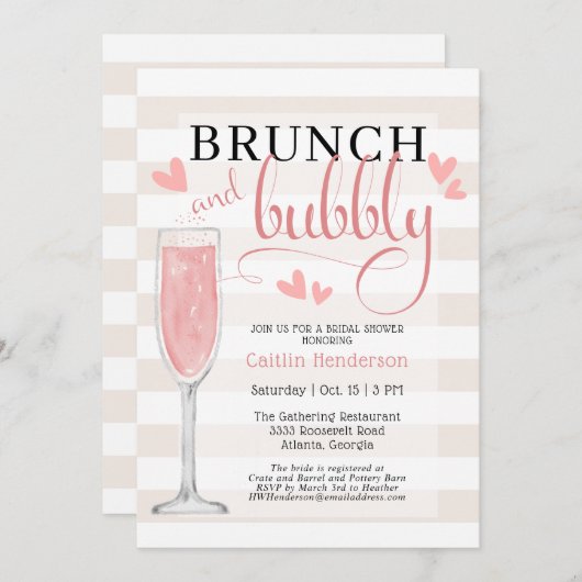 Fun Rosa Brunch und Bubbly Brautparty Invitati Einladung (Vorne/Hinten)