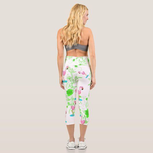 Fun rosa Flamingos und grüne Reben Capri Leggings (Rückseite)