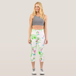Fun rosa Flamingos und grüne Reben Capri Leggings