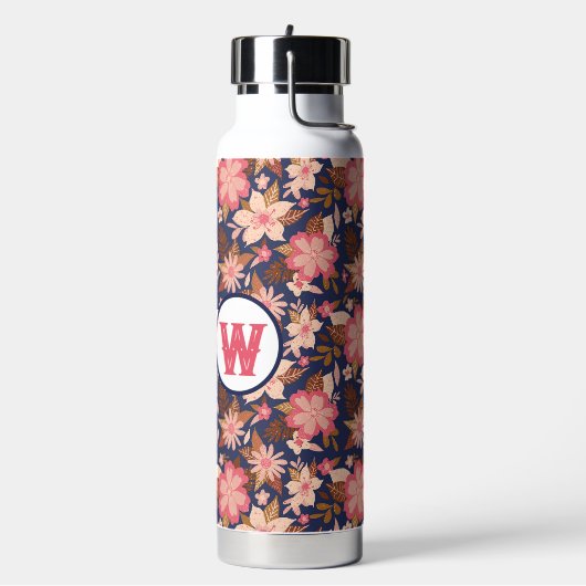Fun rosa Retro Blumenmuster Monogramm Trinkflasche (Links)