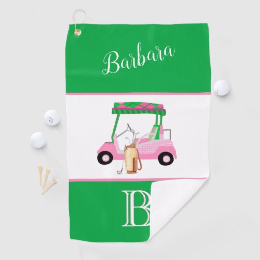 Fun Rosa und Green Golf Cart Monogram Name Golfhandtuch (Insitu)
