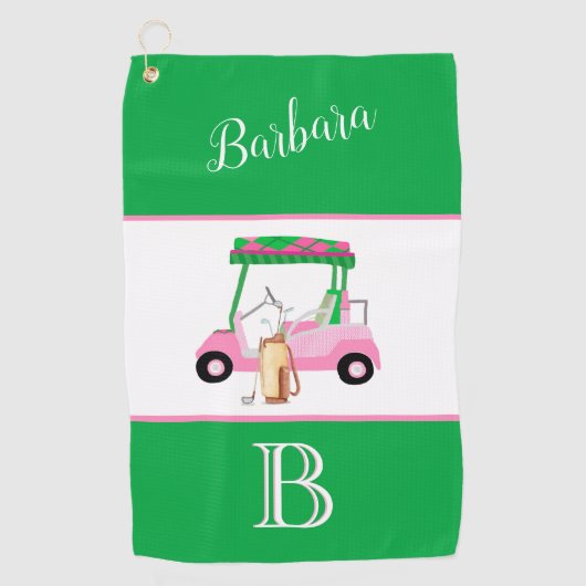 Fun Rosa und Green Golf Cart Monogram Name Golfhandtuch (Vorderseite)