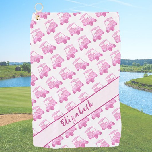 Fun rosa und weiße Golfwagen personalisierter Name Golfhandtuch