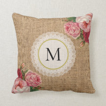 Fun Rustic Burlap Vintag Floral Lace Monogramm