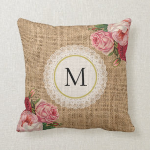 Fun Rustic Burlap Vintag Floral Lace Monogramm Kissen