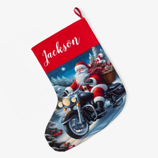 Fun Santa Claus Reiten mit einem Motorrad Großer Weihnachtsstrumpf (Rückseite (Hängend))
