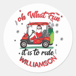 Fun Santa Golf Cart Family Name Runder Aufkleber