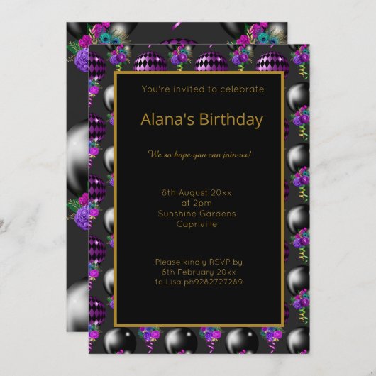 FUN SCHWARZ LILA BALLOS GANZ OKASSION EINLADUNG (Vorne/Hinten)