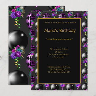 FUN SCHWARZ LILA BALLOS GANZ OKASSION EINLADUNG