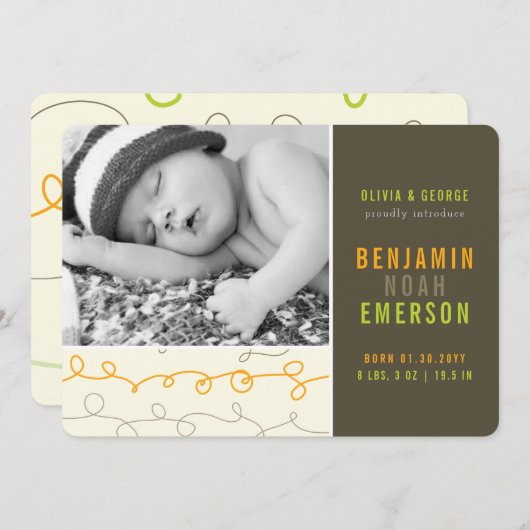 Fun Scribbles Baby Boy Foto Geburtsankündigung Ankündigung (Vorne/Hinten)