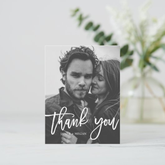 Fun Script Calligraphy Foto Wedding Danke, ich Postkarte (Stehend Vorderseite)